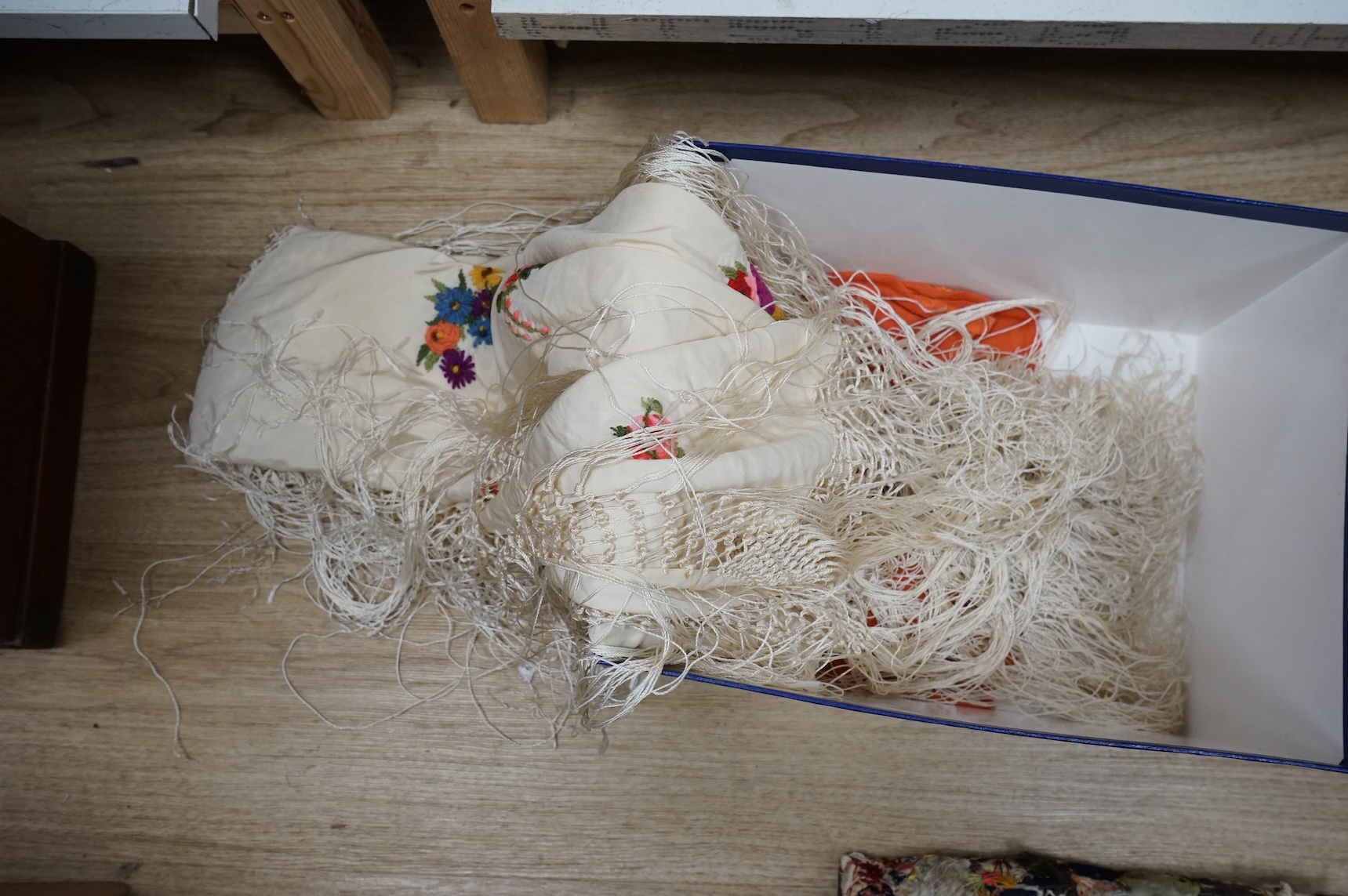 Textiles to include fringed shawl, USA sack, section of patchwork quilt and two dresses